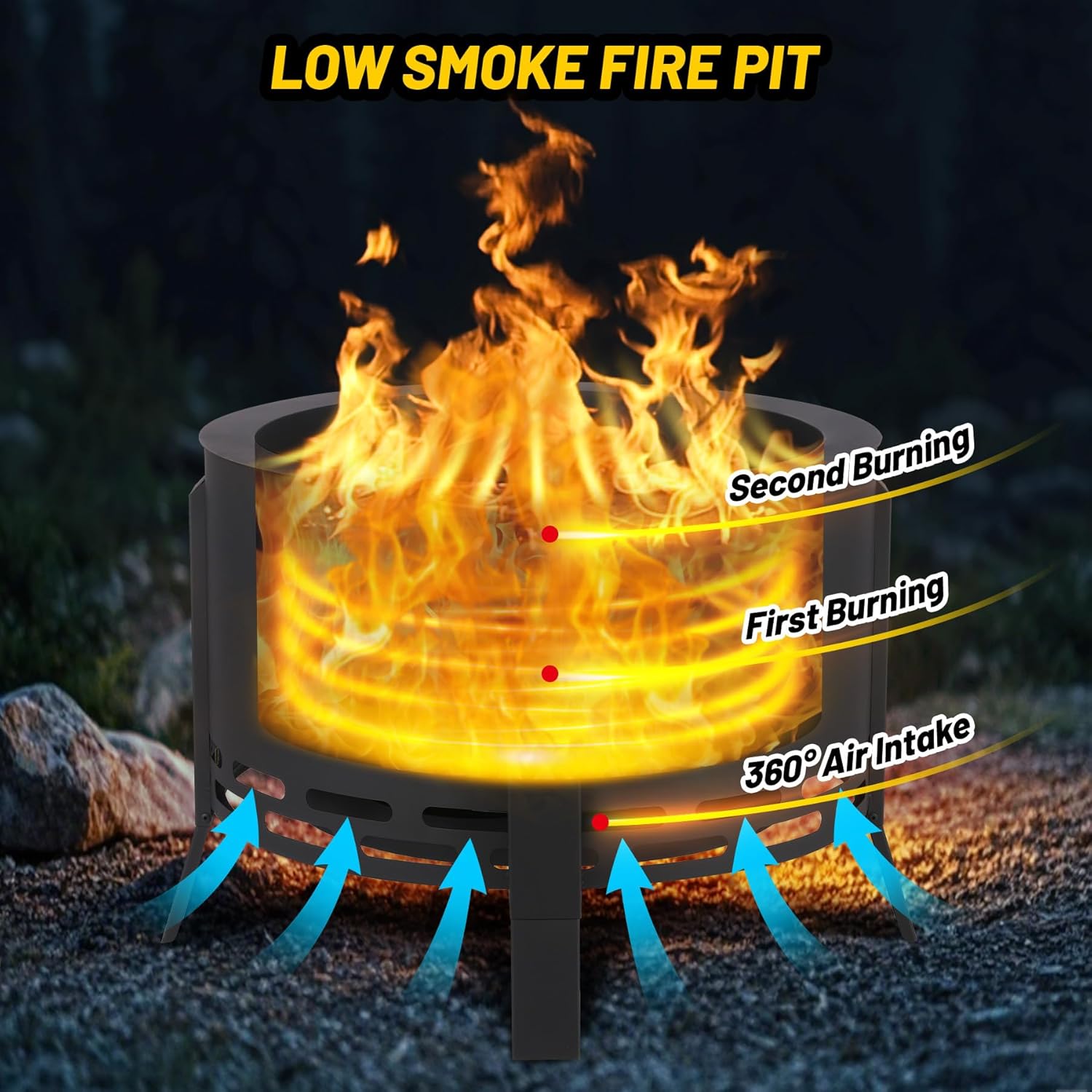 26" Smokeless Fire Pit with Ash Tray Base,Smokeless Outdoor Firepits with Adjustable Foot&Fire Poker,Firepit with Dust Bag,Outdoor Fire Pits for BBQ,Bonfire,Camping-VerdiqueGarden