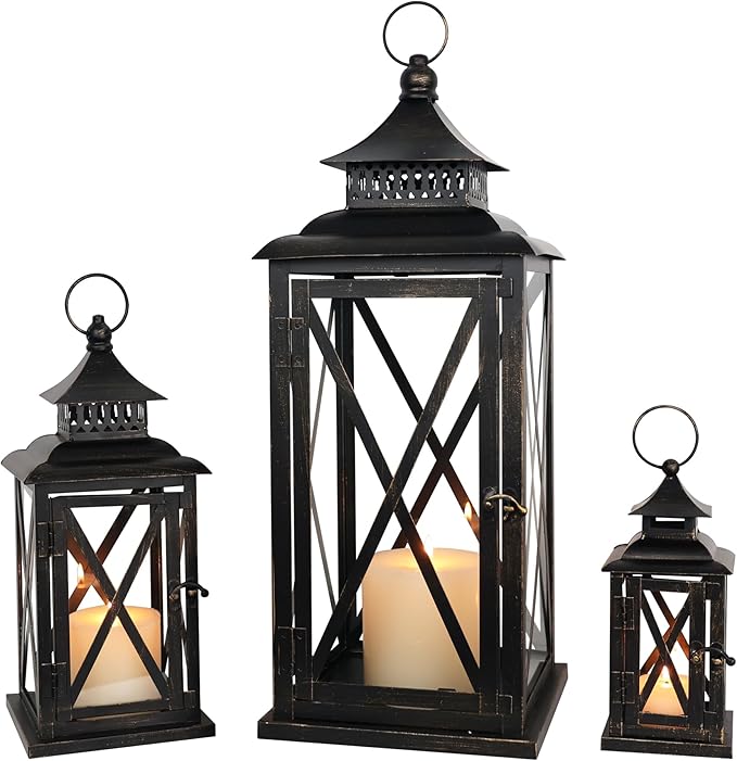 DECORKEY 3PCS (20’’&13’’&9’’) Lanterns Decorative Indoor & Outdoor, Vintage Metal Frame Candle Holders for Front Porch, Patio, Pathway, Balcony, Garden, Yard Decor, Halloween Christmas Decorations-VerdiqueGarden