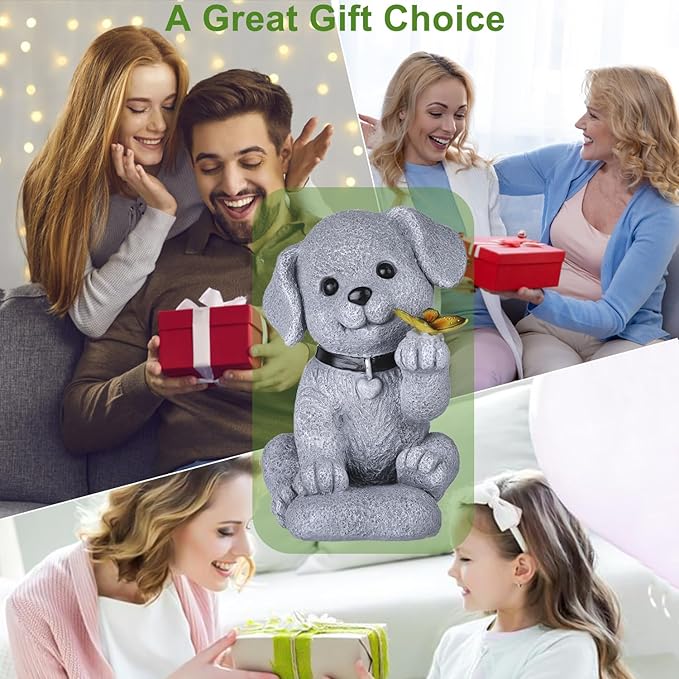 Solar Dog Statue Garden Decor with Butterfly Light – Waterproof Outdoor Yard Art for Patio, Lawn, Balcony for Mother’s Day, Father’s Day, Housewarming, Mom, Dad, Grandma, Men, Women-VerdiqueGarden