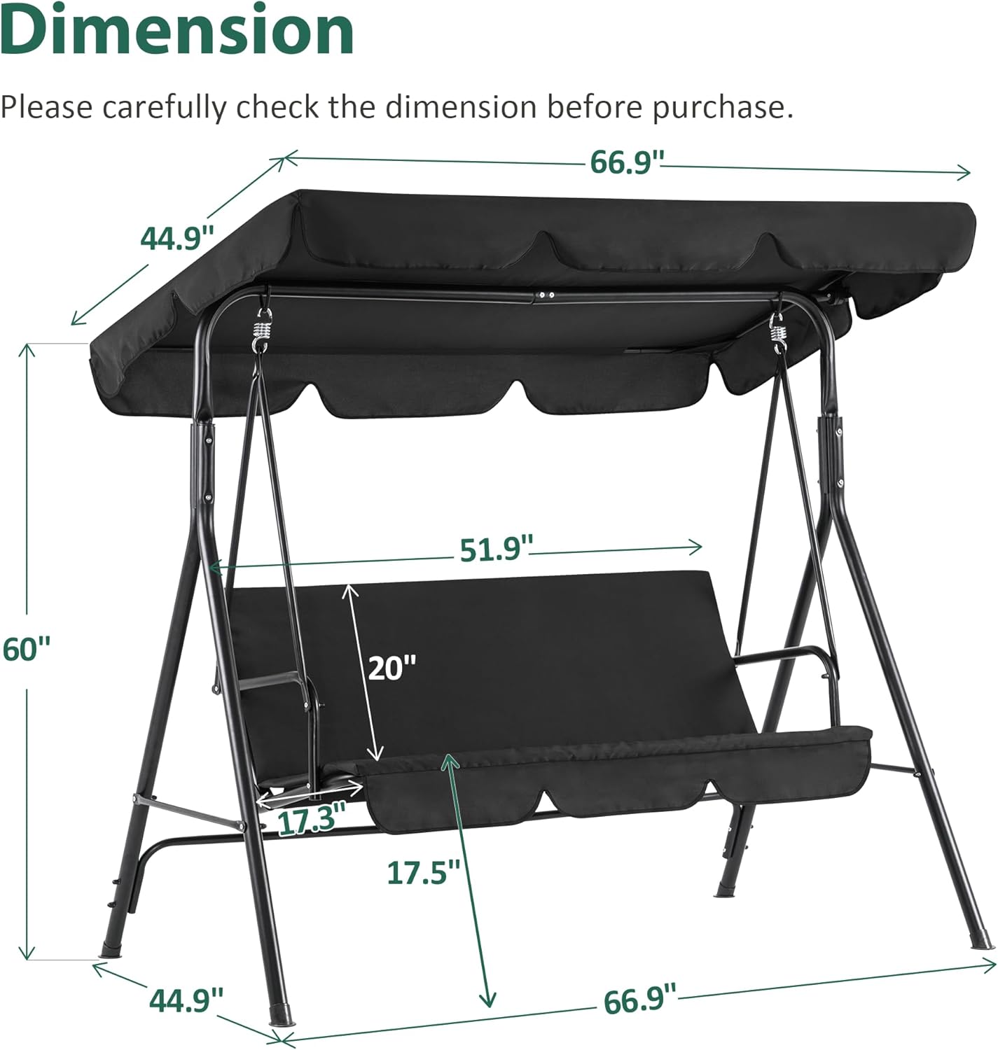 MCombo 2-3 Person Outdoor Patio Swing Chair, Convertible Canopy Hanging Swing Glider Lounge Chair, Removable Cushions, 4003 (Black)-VerdiqueGarden