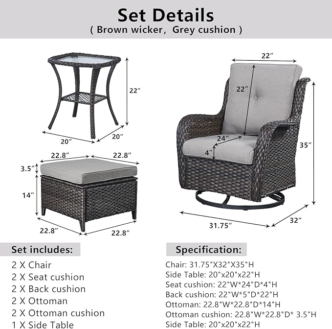 5 Pieces Patio Furniture Sets Wicker Outdoor Furniture, Rattan Patio Swivel Glider Chairs with 2 Ottoman and Glass Side Table-VerdiqueGarden