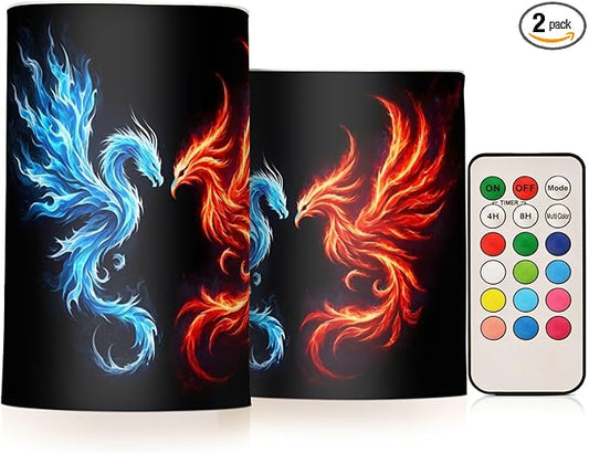 Flickering Flameless Candles, Dragon Phoenix LED Candles with Remote Timer, Set of 2 Battery Operated Candle for Valentine Wedding Birthday-VerdiqueGarden