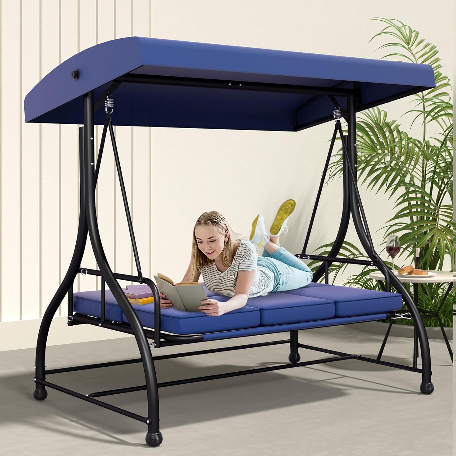 3-Seat Porch Swing Bed with Adjustable Canopy & Removable Cushions, Heavy Duty Steel Frame Outdoor Patio Swings Glider Chair for Backyard, Garden, Deck, Blue-VerdiqueGarden