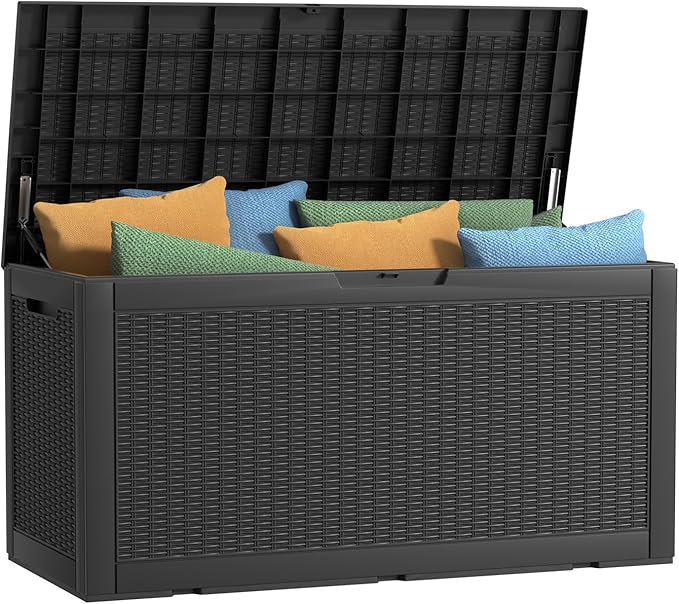 100 Gallon Outdoor Deck Box,Storage Lockable Waterproof Patio Furniture,Garden Tools,Cushions,Pool Accessories Outside Storage Resin Box(Black)-VerdiqueGarden