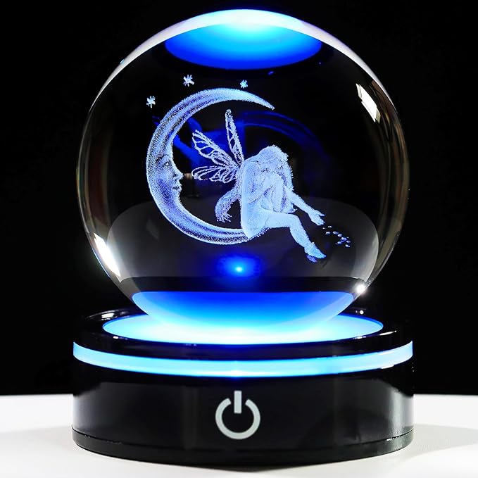 YWHL 3D Moon Fairy Figurine Crystal Ball with Colorful Light Base, Fairy Gifts for Women Girls on Christmas Birthday, 3D Laser Engraved Elf Full Sphere Glass Decorative Ball for Home Office (80mm)-VerdiqueGarden