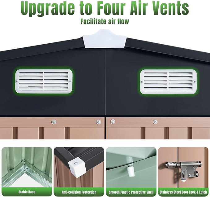 Aoxun 6'x4' Outdoor Storage Shed with Base Galvanized Steel Metal Garden Shed for Patio, Lawn & Garden(Brown, 6' x 4'W/Base)-VerdiqueGarden