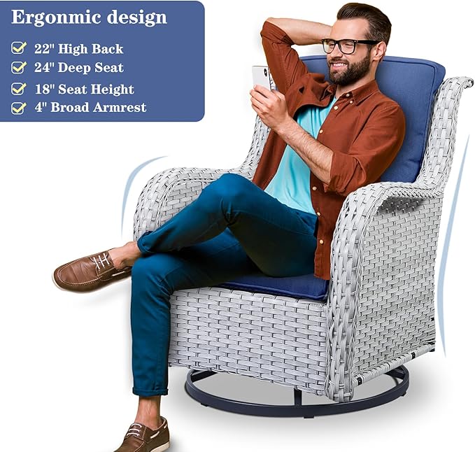 4 Pieces Patio Furniture Sets, Wicker Patio Swivel Glider Chair with Ottomans, Outdoor Furniture Set for Outside Porch Deck Balcony, Light Grey-VerdiqueGarden