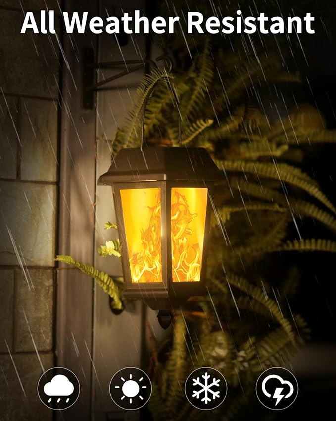 Solar Lanterns Outdoor Waterproof, Hanging Solar Lights with Glass Shade - 2 Pack LED Metal Wall Mount Outdoor Light for Yard/Garden/Patio - Flame-VerdiqueGarden
