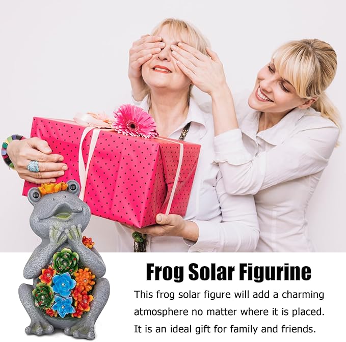 Frog Solar Figurine Light Statue Outdoor Gardening Gifts Decoration Garden Frogs Yard Decor Lamp With 8 Led Lights And Succulent Waterproof Patio Lawn Decor Housewarming Frog Gifts For Women-VerdiqueGarden