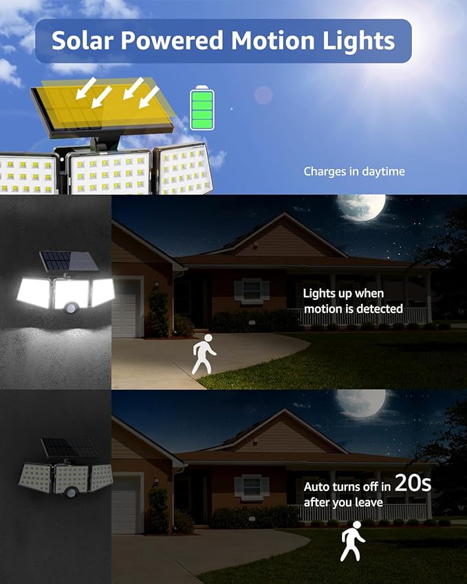 LE Solar Lights for Outside, Solar Lights Outdoor with Motion Sensor, WL4000 High Brightness, 3 Adjustable Heads 270° Wide Lighting Angle, IP65 Waterproof, Wireless Wall Lamp for Yard Garage-VerdiqueGarden