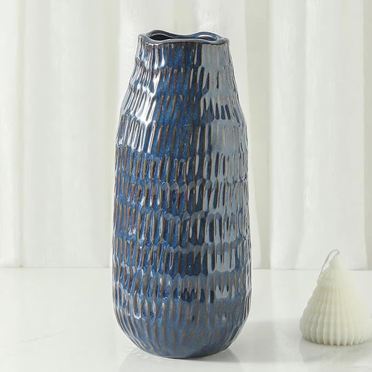 Blue Ceramic Vase for Home Decor, 12.6 Inch Tall Flower Vase with Modern Textured Finish,Decorative Floor Vase for Pampas Grass, Entryway, Living Room, Dining Table, Farmhouse or Office-VerdiqueGarden