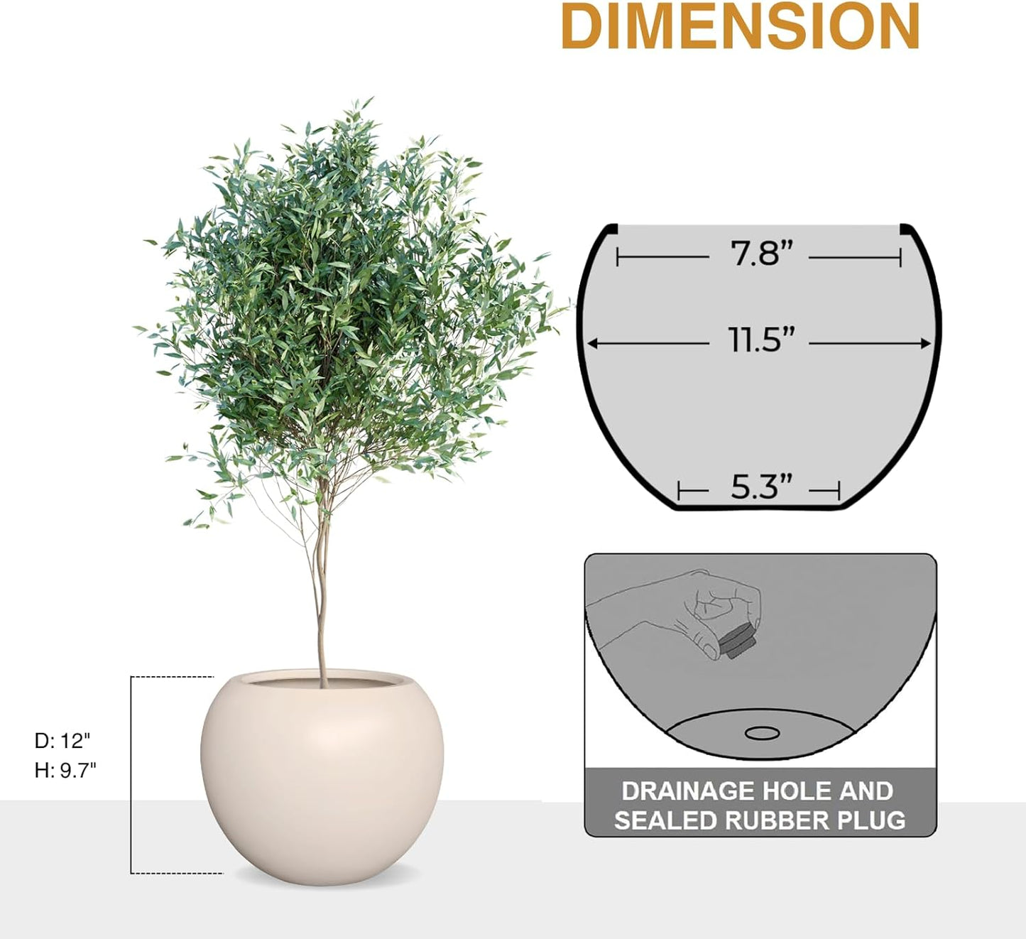 9.7" H x 12" D Globo Fiberstone Round Planter with Drainage Hole, Weather Resistant, Planters for Indoor Plants & Outdoor, 2 Extra Coco Mats (Kilim Beige, 7.8" Pot Opening)-VerdiqueGarden