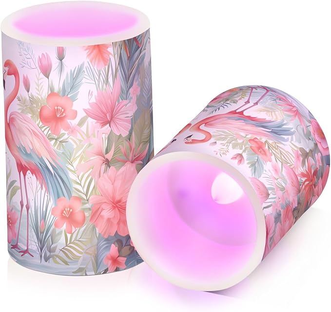 Flickering Flameless Candles, Pink Flamingo Print LED Candles with Remote Timer, Set of 2 Battery Operated Candle for Valentine Wedding Birthday-VerdiqueGarden