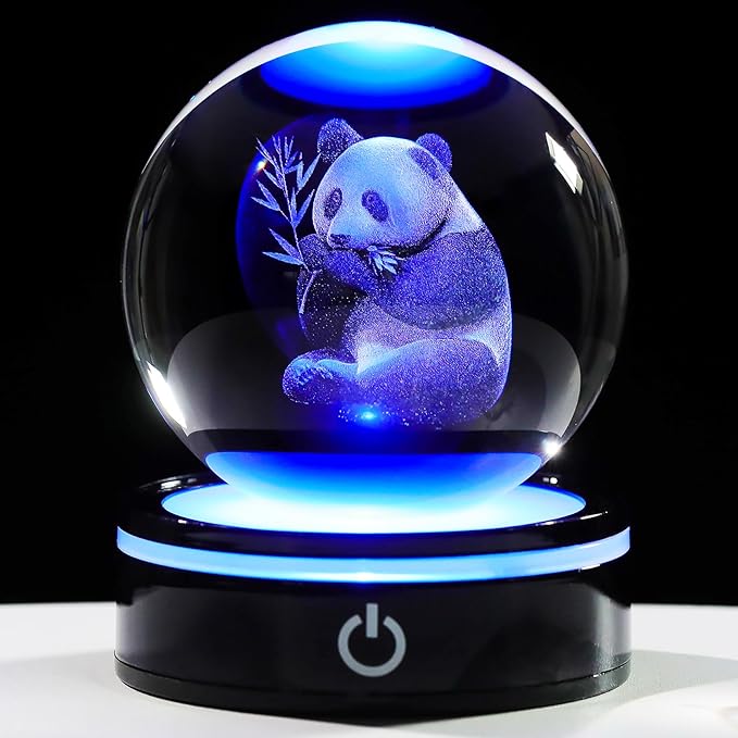 YWHL 3D Panda Figurine Crystal Ball with Colorful Light Base, Panda Gifts for Women Men on Christmas Birthday, 3D Laser Engraved Full Sphere Glass Decorative Ball for Home Office (80mm)-VerdiqueGarden