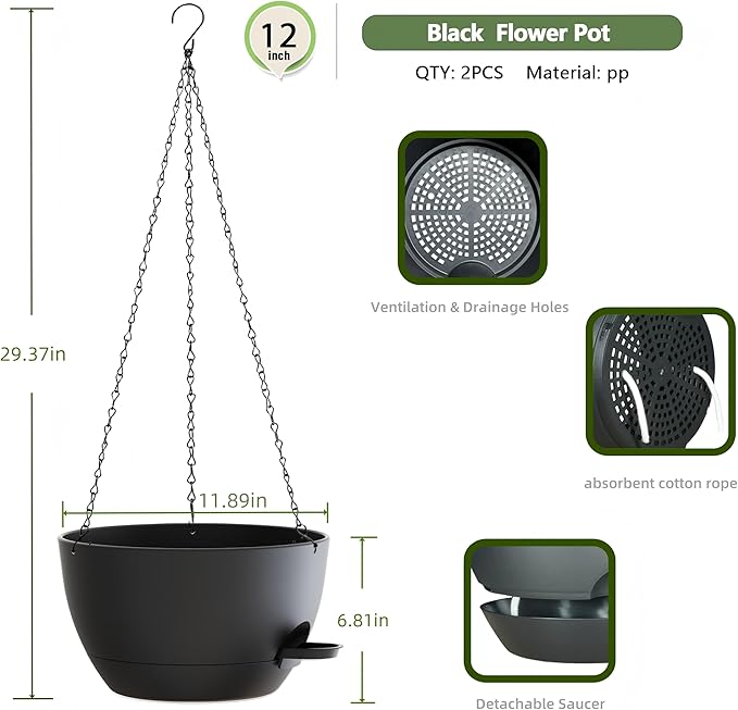 12 Inch Hanging Baskets 2 PC with Chains, Self-Watering Hanging Planters for Indoor Outdoor Plants, Plastic Hanging Flower Pots,Black-VerdiqueGarden