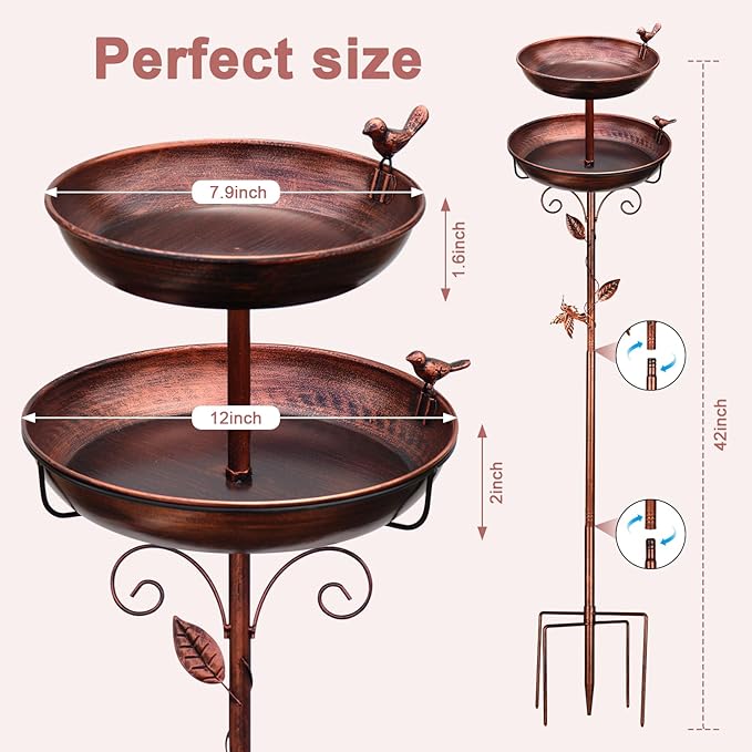 Metal Bird Bath for Outside, 2-in-1 Birdfeeder and Bath, 42 Inch Tall Stand with Hummingbird, Large 12Inch & Small 7.9Inch Bird Bath Bowl, 3 Bird Decor for Garden, Antique Bronze-VerdiqueGarden