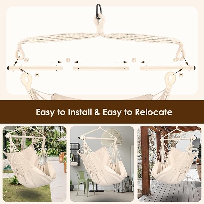 Highwild Hanging Rope Hammock Chair Swing Seat for Any Indoor or Outdoor Spaces - 500 lbs Weight Capacity (Beige)-VerdiqueGarden
