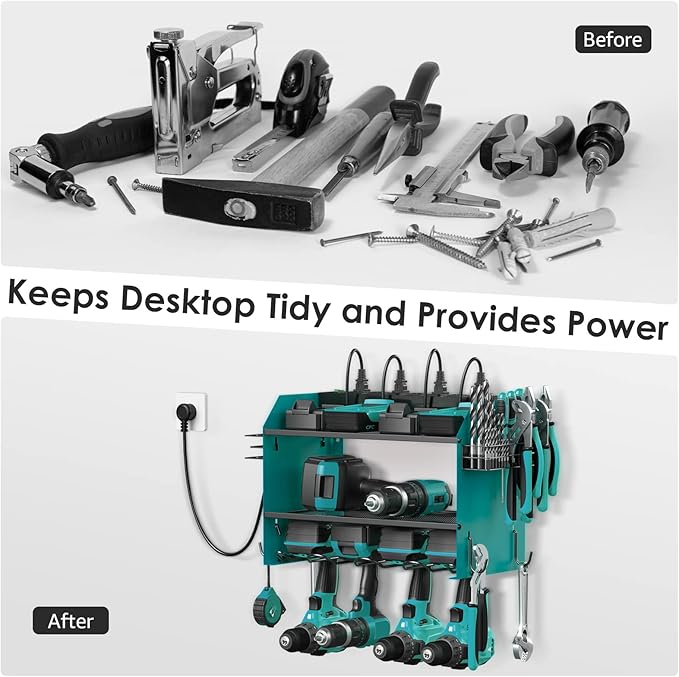 CCCEI Set Power Tool Organizer Wall Mount with Charging Station. Garage 4 Drill Storage Shelf with Hooks, Heavy Duty Metal Tool Battery Charger Organizer. Shop Utility Rack with Power Strip Navy Blue.-VerdiqueGarden