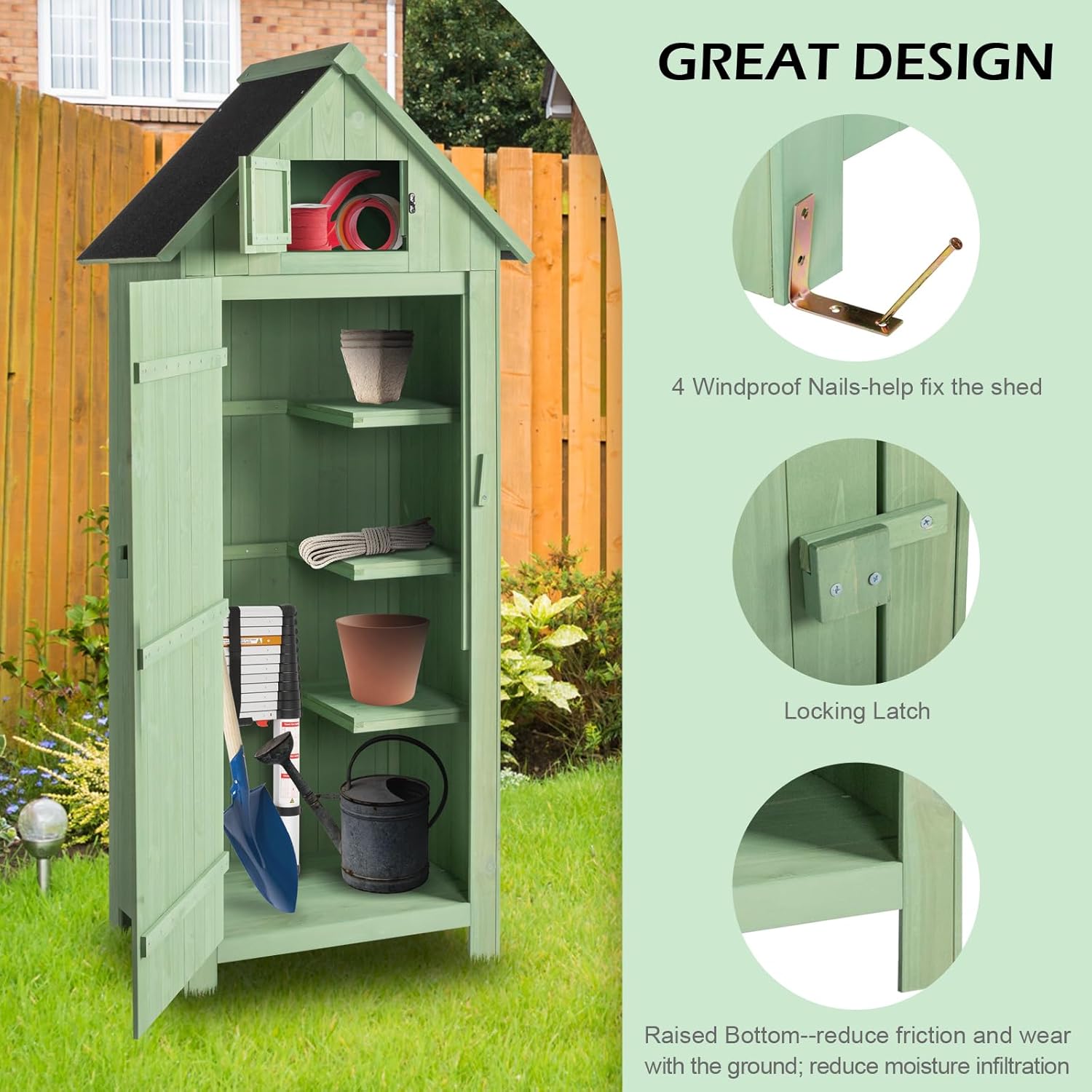 Outvita Outdoor Storage Cabinet, 70in Wooden Vertical Garden Tools Shed, Patio Storage Organizer with Latch & Waterproof Roof for Yard Deck Lawn Farmland Equipment(Green)-VerdiqueGarden