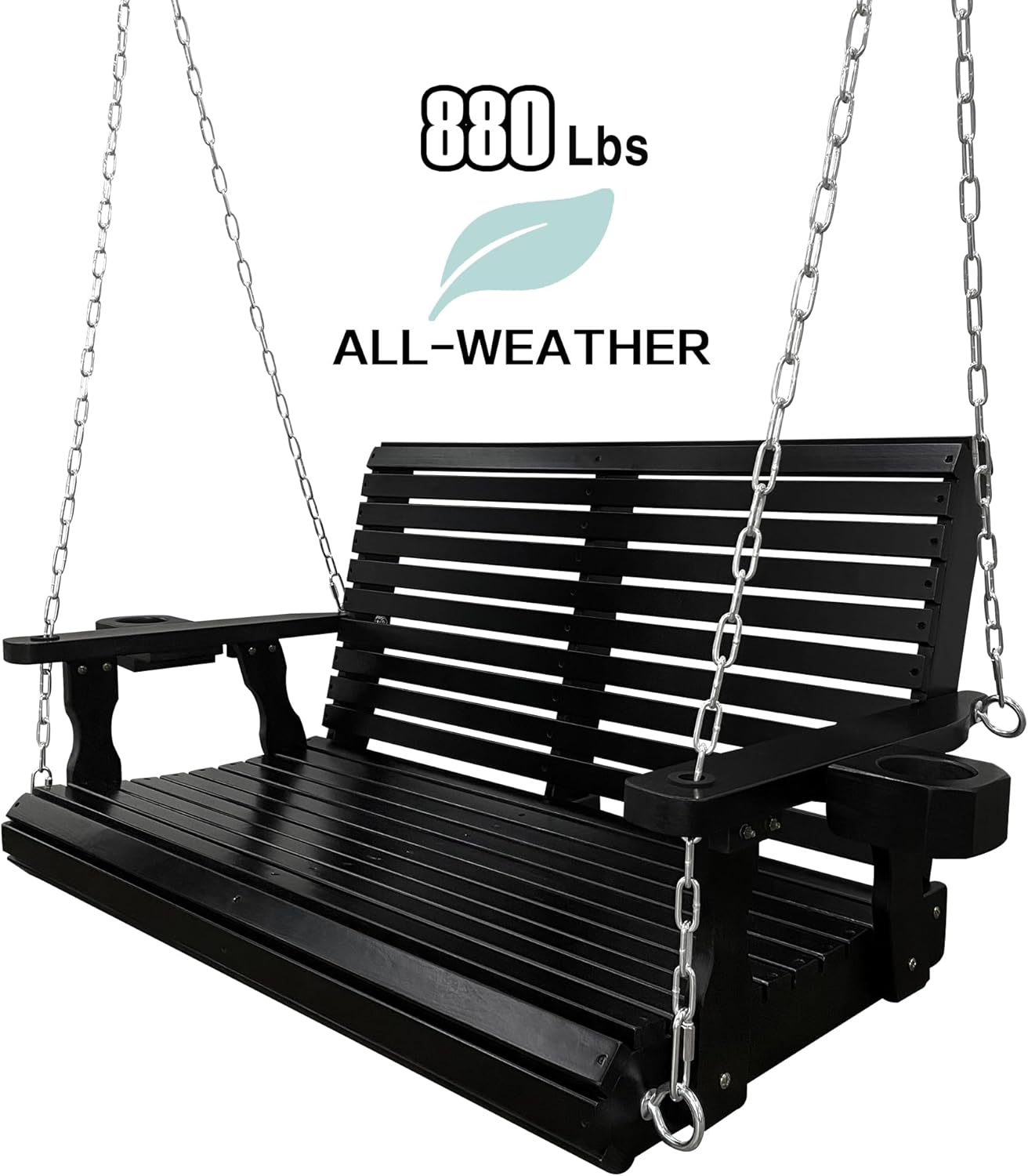 Wooden Porch Swing 2-Seater, High Backrest and Deep Seat, Bench Swing with Cupholders, Hanging Chains and 7mm Springs, Heavy Duty 880 LBS, for Outdoor Patio Garden (Carbon Black - 4 FT Extra Large)-VerdiqueGarden