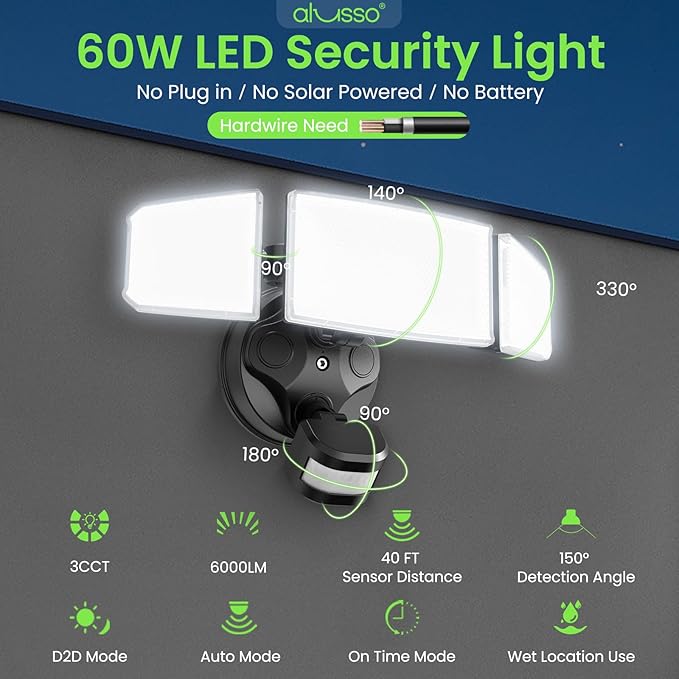 ALUSSO® LED Security Lights Motion Sensor, 60W 6000LM 3 Modes Flood Lights Outdoor Motion Sensor, 3CCT 3 Heads Outdoor Security Light Wet Location Use for House Garage Yard Walkway Black-VerdiqueGarden