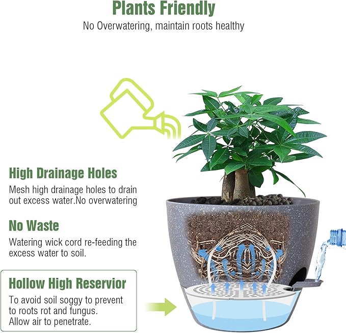 12 inch Large Self Watering Pots, Plastic Planters with 60oZ Removable Deep Reservoir and Multi Mesh Drainage Holes for Indoor Outdoor Garden Plants and Flowers, Grey Speckles-VerdiqueGarden
