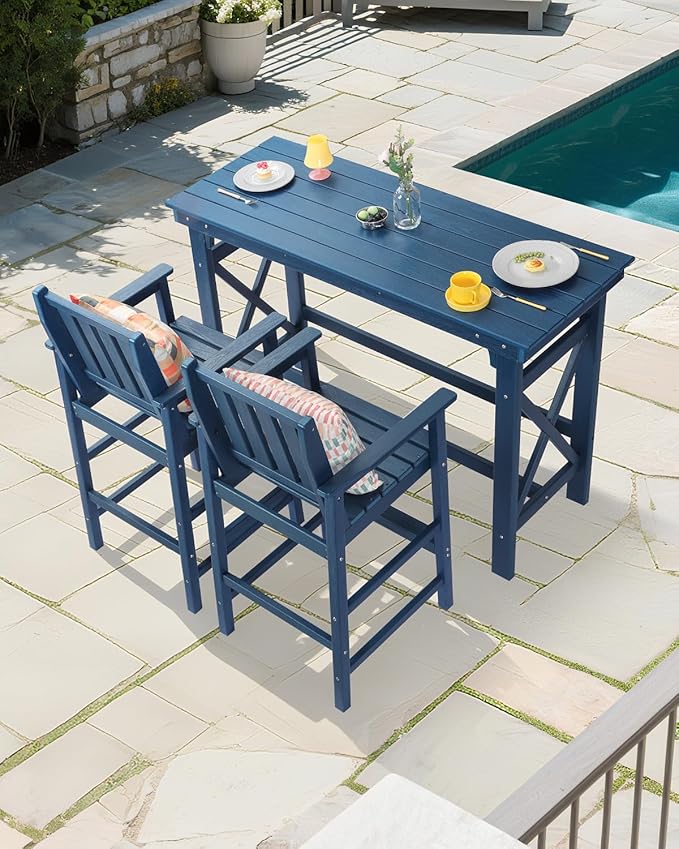 3 Pieces HDPE Outdoor Patio Bar Set, Rectangular Outdoor Bar Height Table and Chairs Set, Adirondack Patio Bar Stools Set, Outdoor Bar Table and Chairs Set for Balcony, Poolside, Porch, Navy-VerdiqueGarden