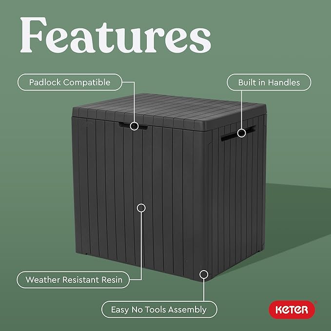 Keter City 30 Gallon Resin Outdoor Storage Box and Patio Storage Box Side Table for Pool and Garden Accessories, Dark Grey-VerdiqueGarden