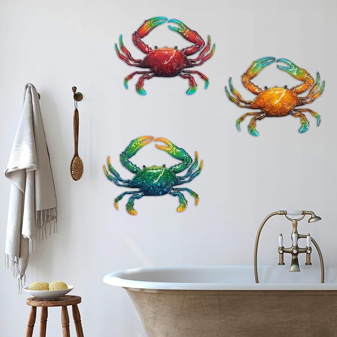 John's Studio Metal Crab Sea Wall Decor Outdoor Garden Hanging Art Sculptures Home Ocean Theme Decorations for Kitchen Bathroom and Pool - 3 PCS-VerdiqueGarden