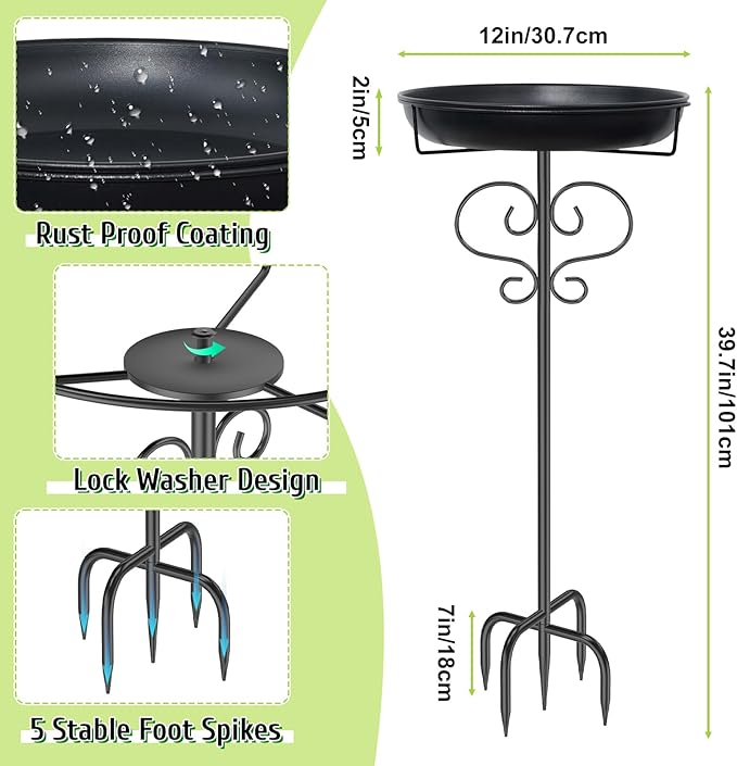 40In Bird Baths for Outdoors, Metal Birdbath Birdfeeder with Heavy Duty 5 Prong Stake, Vintage Detachable Bird Bath Water Feeder Bowl for Garden Yard Lawn Decor Black-VerdiqueGarden