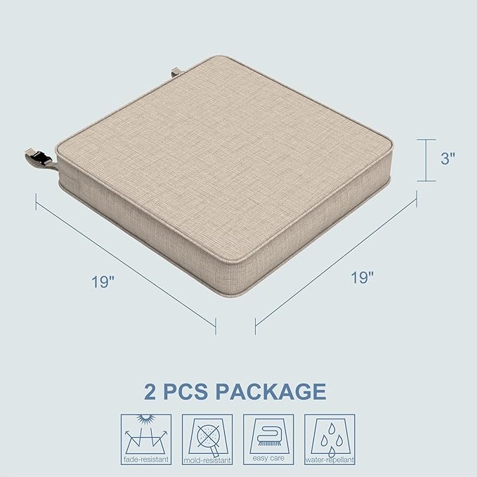 LVTXIII Patio Chair Cushions 19"x19"x3", Water-Repellent Outdoor Seat Cushions for Patio Furniture, Square Chair Pads with Ties for Home Garden Decoration, Set of 2, Light Grey-VerdiqueGarden