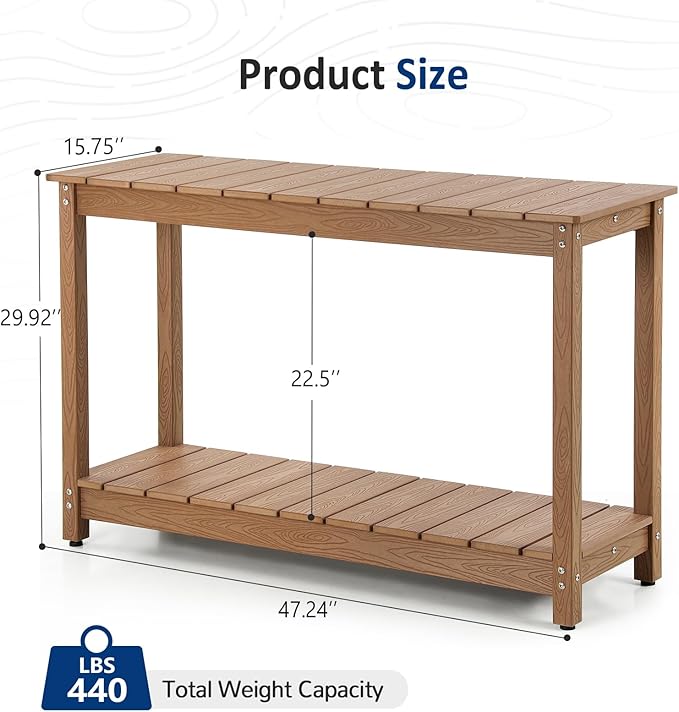 Outdoor Console Table, 48" Weather Resistant HIPS Patio Side Table, 440LBS Weight Capacity, 2-Tier Multifunctional Buffet Bar Storage Organizer for Garden Deck, Teak-VerdiqueGarden