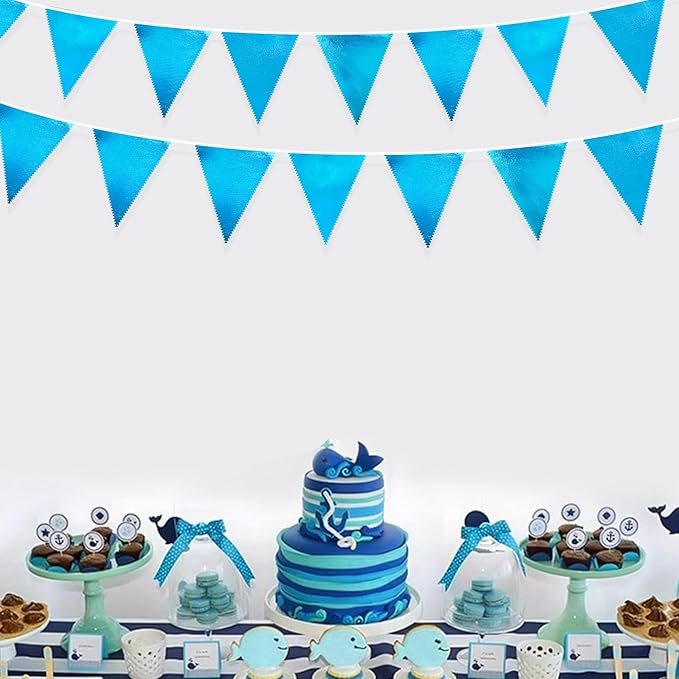 Sky Blue Party Decorations - Light Blue Triangle Pennant Banner Flag - Metallic Fabric Bunting for Graduation, Wedding, Retirement, Birthday, Under The Sea, Nautical, Ahoy, Party Decor Supplies-VerdiqueGarden