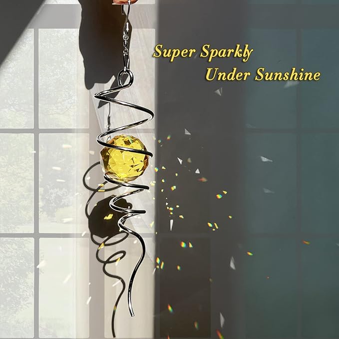 FONMY Gazing Ball Spiral Tail -Decorative Wind Spinner Sun Catcher Rainbow Maker 11 inch Tail and 2 inch Golden Crystal Orb. Indoor Outdoor Garden Decoration -13 inch Height-VerdiqueGarden