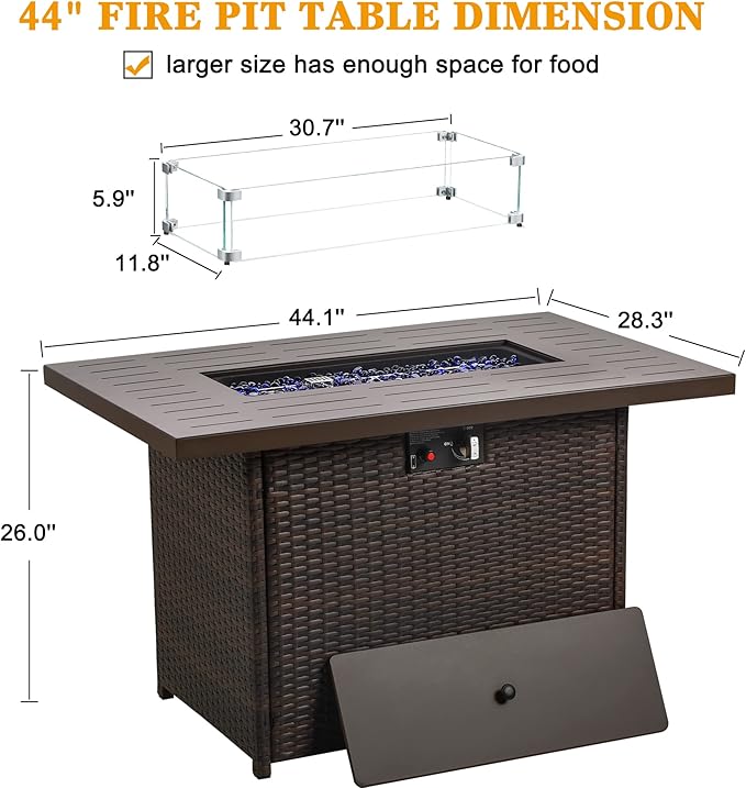 LayinSun 44" Propane Gas Fire Pit Table, 55000 BTU Rectangular Fire Pit with Glass Wind Guard for Outside Patio Deck Garden Backyard Brown-Aluminum Top-VerdiqueGarden