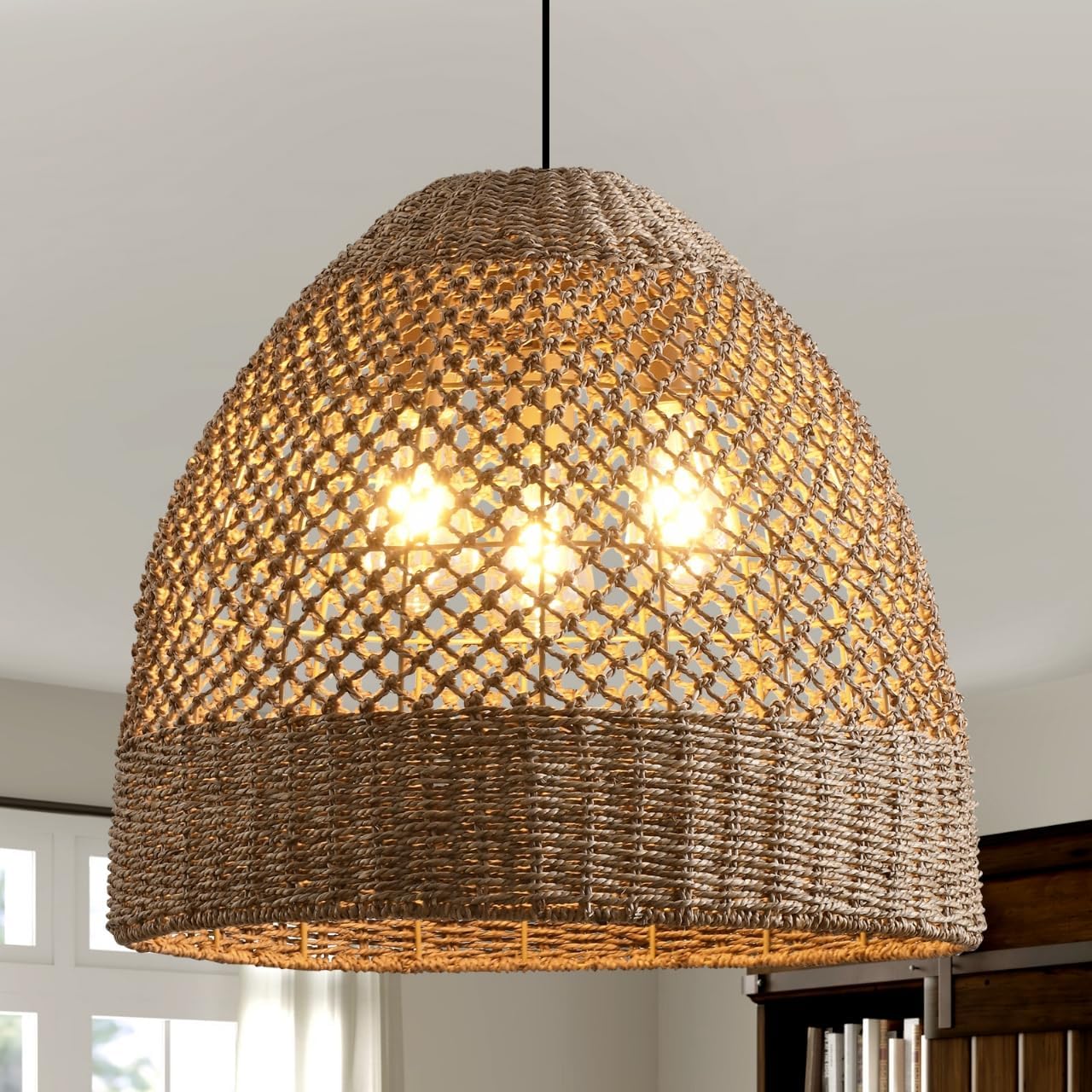 18.9" Rattan Chandelier, Coastal Large Pendant Light,Boho 3-Light Wicker Hand-Woven Seagrass Pendant Lighting Ceiling Hanging,for Kitchen Islands, Dining Rooms, and Farmhouses.-VerdiqueGarden