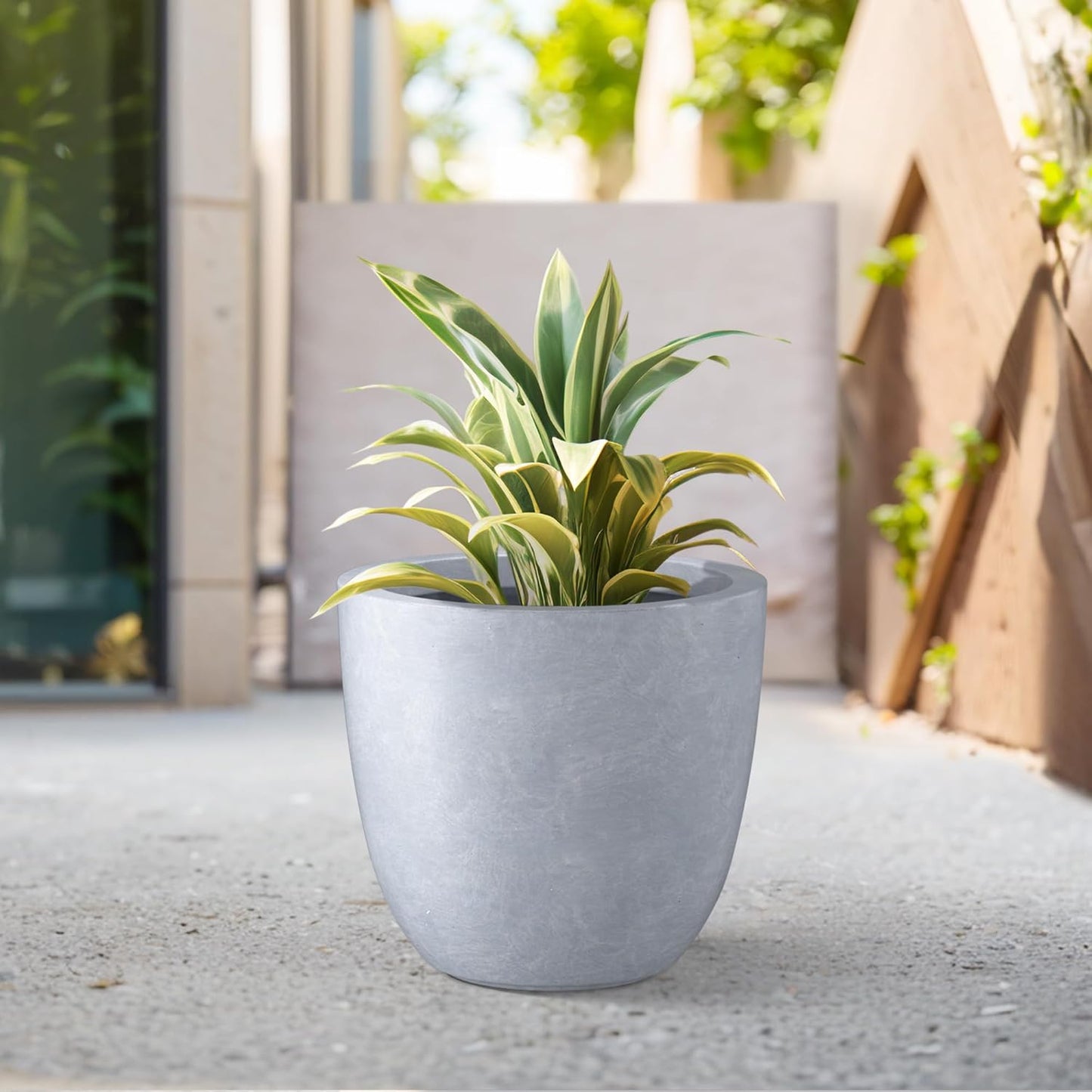 Kante 14 Inch Dia Round Concrete Planter, Indoor Outdoor Large Plant Pot with Drainage Hole and Rubber Plug for Home Patio Garden, Gray-VerdiqueGarden