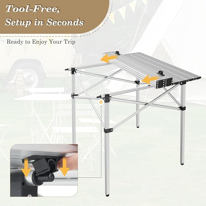 Athena Collection Foldable Camping Table, 28" Small Aluminum Outdoor Folding Camp Table with Roll Up Tabletop and Carry Bag, Lightweight and Portable for Outdoor Camping Picnic Grilling, Silver-VerdiqueGarden