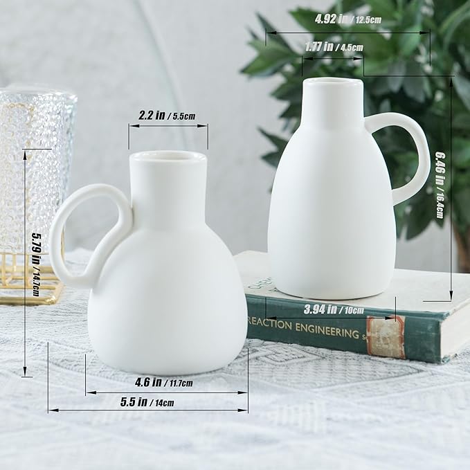 White Ceramic Vase Set - 2 Small Vases with Handle, Pottery Vases for Modern Home Decor, Minimalist Matte Pitcher for Fowers, Decorative Clay Vase Centerpiece Dining Table Decorations-VerdiqueGarden