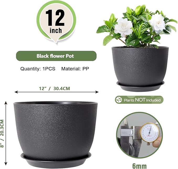 12 inch Large Plant Pots, Plastic Planters with Drainage Holes and Saucers, Flower Pots for Indoor Outdoor Plants, Modern Decorative Pots for Garden House Plants, Black-VerdiqueGarden