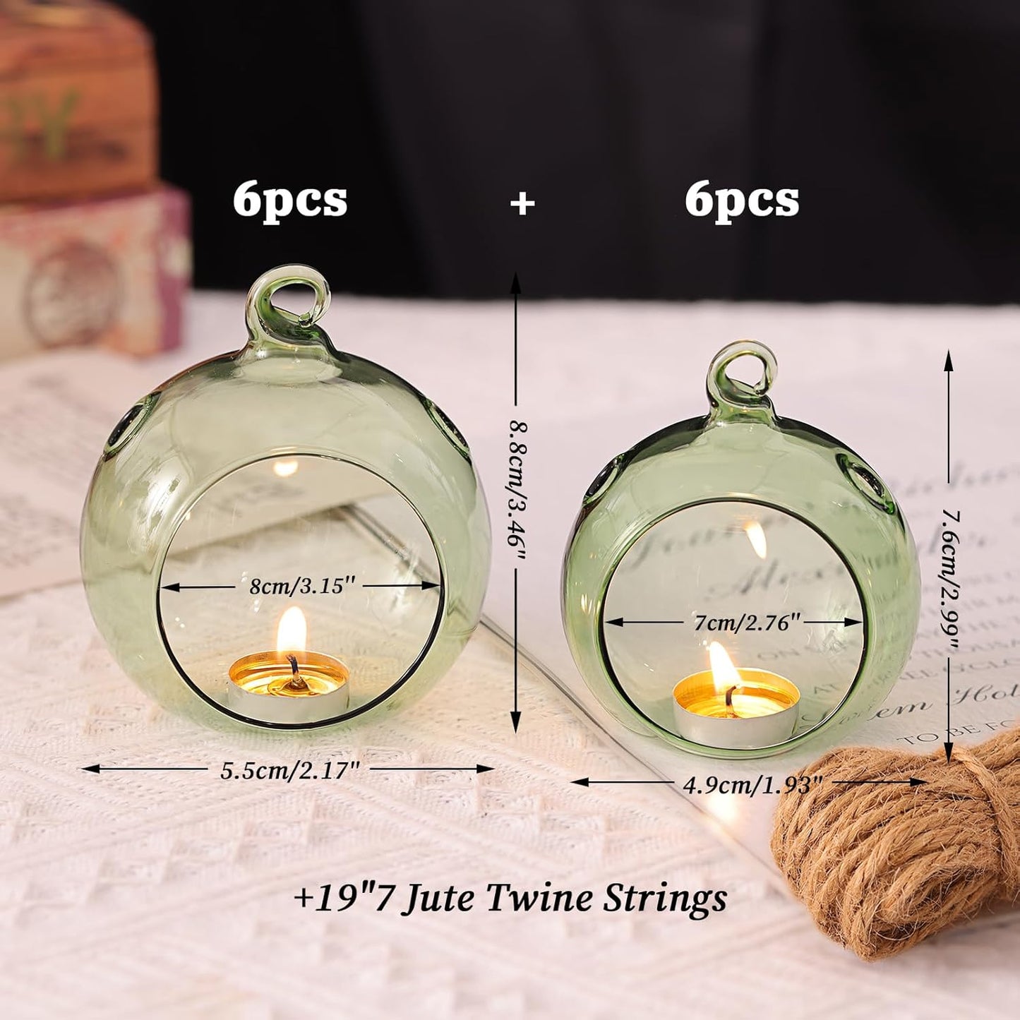 LETINE 12pcs Green Glass Orb Set, 2.17" & 1.93" Spheres for Air Plant Terrarium, Tea Light & Votive Candle Holders - Ideal for Wedding Centerpieces, Christmas Table Decorations, Rehearsal Dinner-VerdiqueGarden