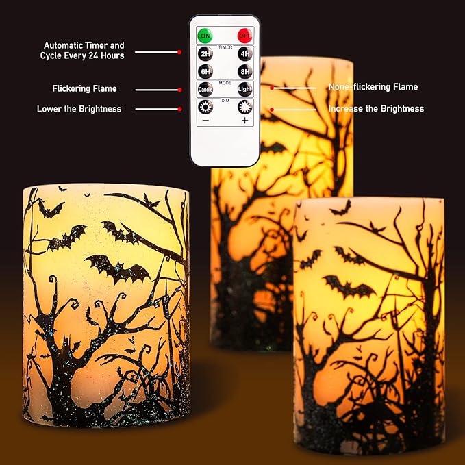 Halloween Decor Flameless Candles Set of 3 Black Spooky Bats Decal Flickering Candles Battery Operated with Remote Real Wax LED Pillar Candles for Halloween Party Horrible Theme Decor-VerdiqueGarden
