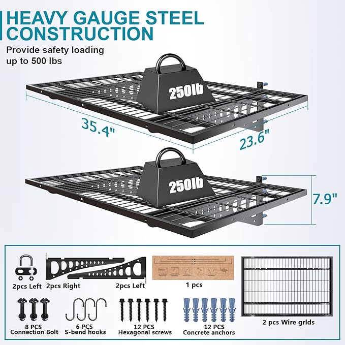 2-Pack 2×3ft Garage Wall Shelving, 24×36 inches Heavy Duty Wall Mounted Shelves, Garage Storage Shelf, 500 lbs Load Capacity, Black-VerdiqueGarden