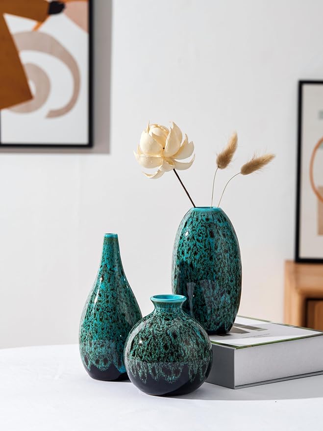 Ceramic Bud Vase Set, Fambe Blue Glazed Finish, Decorative Flower Vases (Blue-Set of 3)-VerdiqueGarden