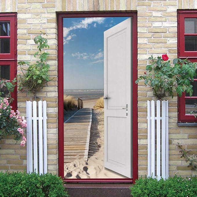3D Door Wallpaper Self-Adhesive Door Poster - Beach Street - Door Film Photo Wallpaper Premium PVC Waterproof Door Sticker Wall Sticker for Bedroom Living Room Door Decoration Stickers 95 x 200 cm-VerdiqueGarden