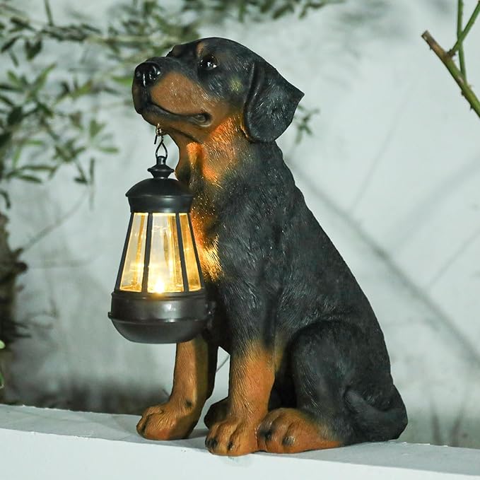 Garden Dog Statues Outdoor Decor, 13" Solar Powered LED Lights Outdoor Statue Garden Decorations Rottweiler Figurine for Patio, Lawn, Yard Art Decoration, Housewarming Garden Gift-VerdiqueGarden