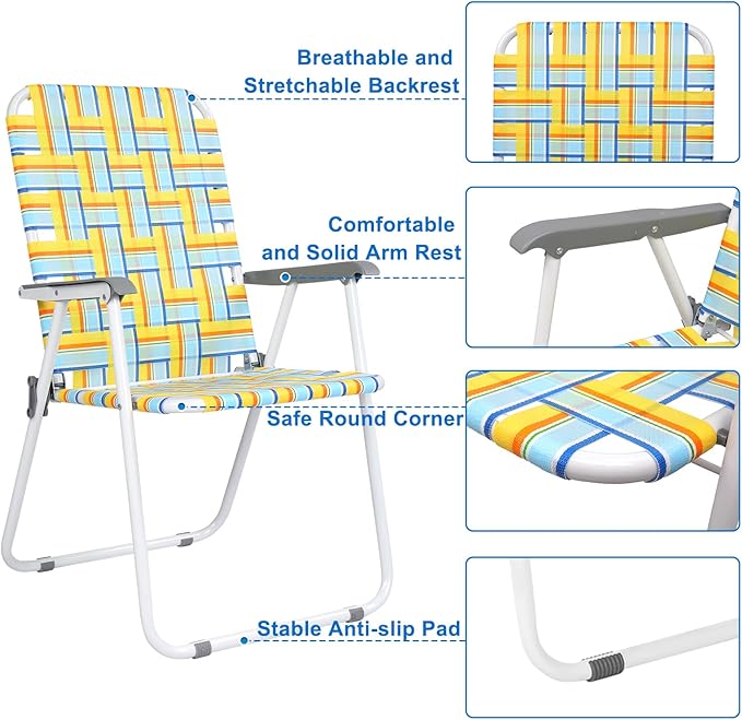 VINGLI Patio Lawn Webbed Folding Chairs Set of 4, Outdoor Beach Chair Portable Dining Chair for Outdoor Yard, Garden (Yellow, Classic)-VerdiqueGarden