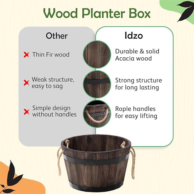 IDZO Set of 3 Wooden Flower Boxes Outdoor, Durable Acacia Wood Barrel Planters for Outdoor Plants with Ergonomic Handles, Drainage Holes, Multiple Sizes Wood Bucket Planter for Home Décor-VerdiqueGarden