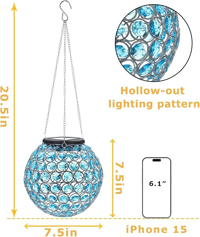 Solar Lantern Hanging Outdoor Christmas Decorative, Dual LEDs Color Changing and Blue Crystal Globe Lamp Hanging Light Waterproof with S Hook Decor in Garden, Pathway, Front Door- Blue-VerdiqueGarden