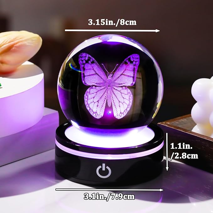 YWHL 3D Crystal Ball Butterfly Figurine with Colorful LED Base, Laser Butterfly Gifts for Women Men on Christmas Birthday, Ornament Glass Sphere Decorative Ball for Home Decor (80mm)-VerdiqueGarden